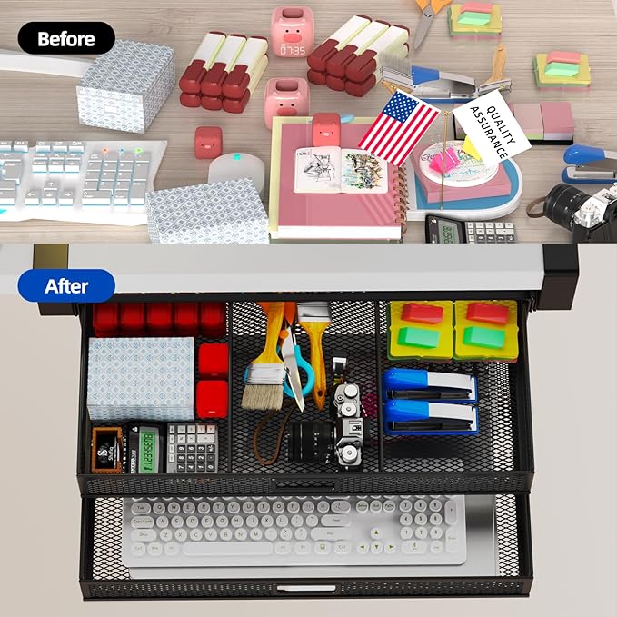 Under Desk Drawer Organizer No Drilling Under Desk Storage Drawer Organizer Metal Under Desk Slide Out Drawer Suitable for Home and Office(Large)