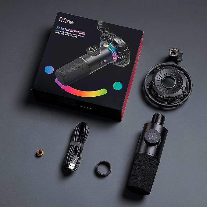 FIFINE USB Gaming Microphone, RGB Dynamic Mic for PC, with Tap-to-Mute Button, Plug & Play Cardioid Mic with Headphone Jack for Streaming, Podcast, Twitch, YouTube, Discord- K658