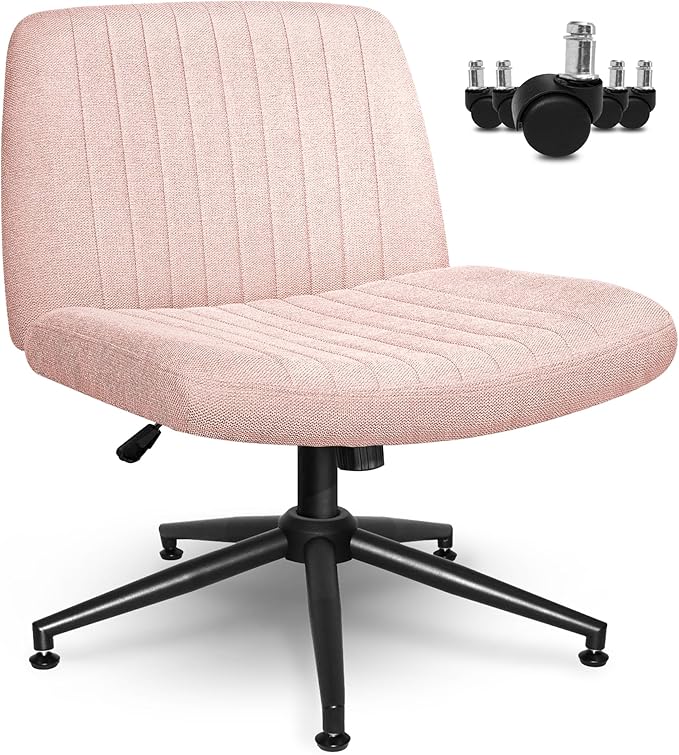 Orange Factory Criss Cross Chair Wheels Wide Cross Legged Office Desk Vanity Dual Base Comfy Fabric Armless Adjustable Swivel for Home Computer Task (Pink Dual Base, Fabric)