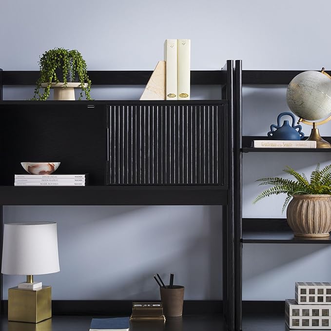 Walker Edison Transitional 2-Piece Hutch Desk with Narrow Bookcase, Reeded Drawer Fronts, Built-in outlets and USB Ports, Set of 2, Black