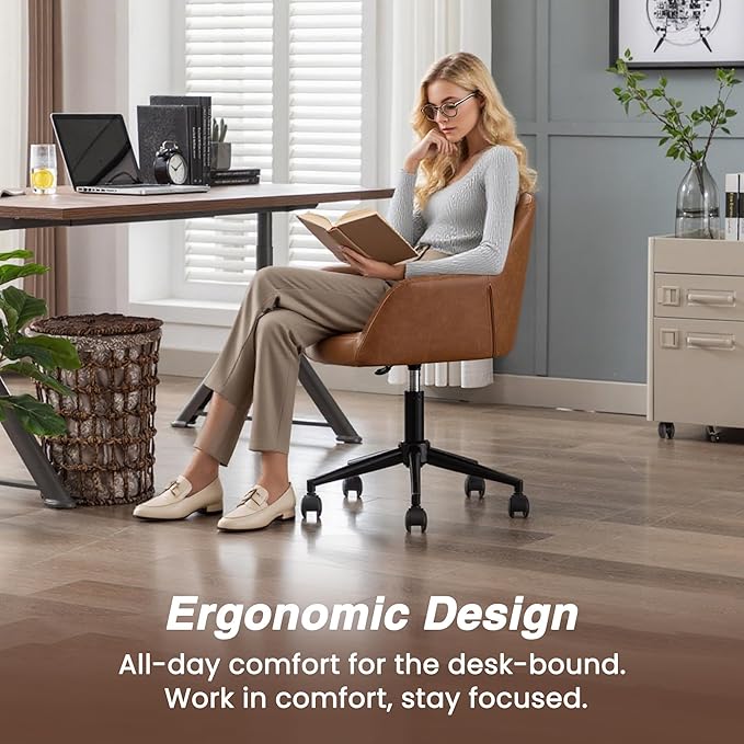 HNY Modern PU Leather Office Desk Chair, Height Adjustable Comfy Swivel Vanity Make up Chair with Wheels for Living Room Home Office Computer, Brown