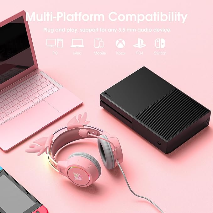 Lightweight Gaming Headset with Detachable Deer Ears, RGB Lighting, Wired Over Ear Headphones with Mic for PC, PS4, PS5, Xbox, Switch, Stereo Surround Sound, Self-Adjusting Headband
