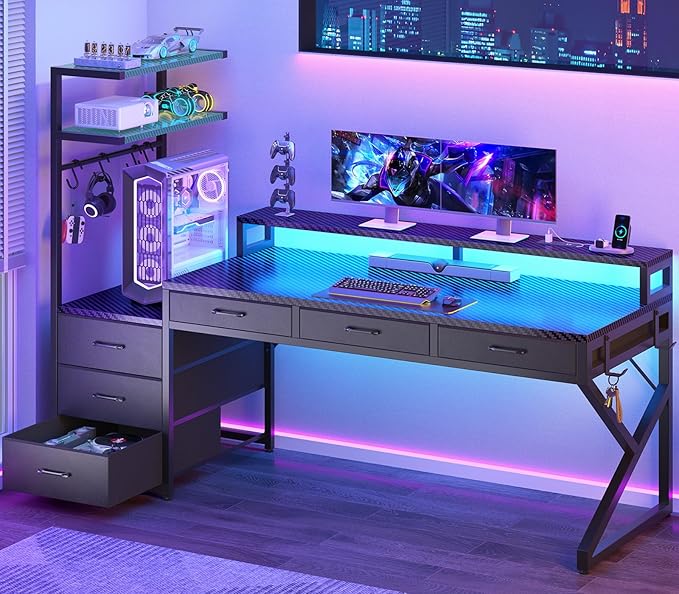 SEDETA 55" Gaming Desk with 6 Drawers, Corner Gaming Desk with Storage & LED Lights, Reversible PC Desk with Power Outlet, Corner Computer Desk with Hutch, Monitor Stand, Side Hook, Carbon Fiber Black