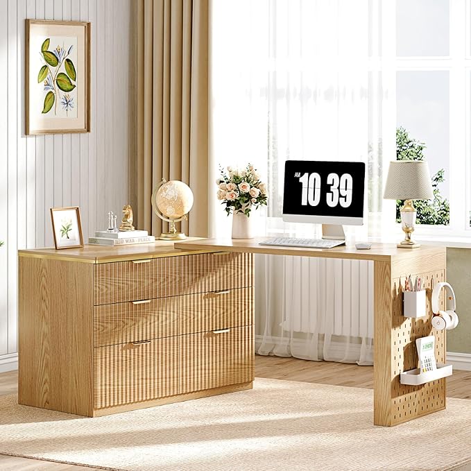 Ieejdn L Shaped Standing Desk,47" Home Office Desks, Executive, Farmhouse Computer Desk with 6 Drawers File Drawer, Rustic Computer Writing, Oak