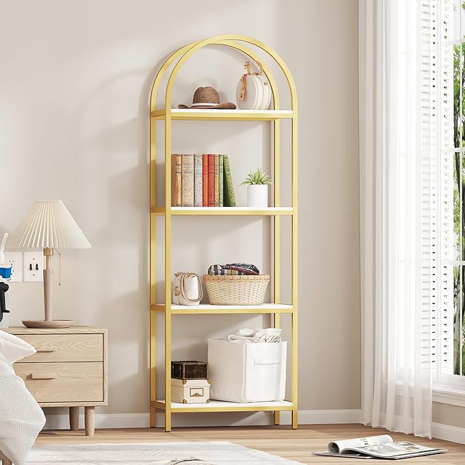 Yusong Bookshelf 4 Tier Arched Bookcase, 71.3" Tall Industrial Open Book Shelves for Living Room, Modern Freestanding Display Shelving Storage Rack Metal Frame, Office, Bedroom,Gold White