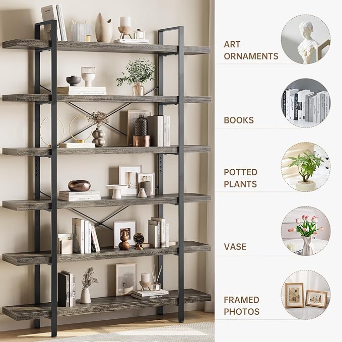 OtterOasis Bookshelf Set, Heavy Duty 6-Tier Industrial Bookcase, 47" Wide Wood Bookshelf for Home Office, 120lbs Shelf Capacity, Rustic Open Display with Horizontal Shelf for Living Room Bedroom, Grey