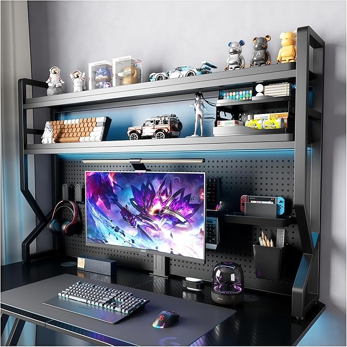 Desktop Hutch Bookshelf,Many Sizes,Metal Desktop Bookcase with pegboard, Desk Shelf, Countertop Storage Organizer Rack for Dorm or Office,Desktop Shelves (Black, 37.4" Lx9.9 Wx39 H)