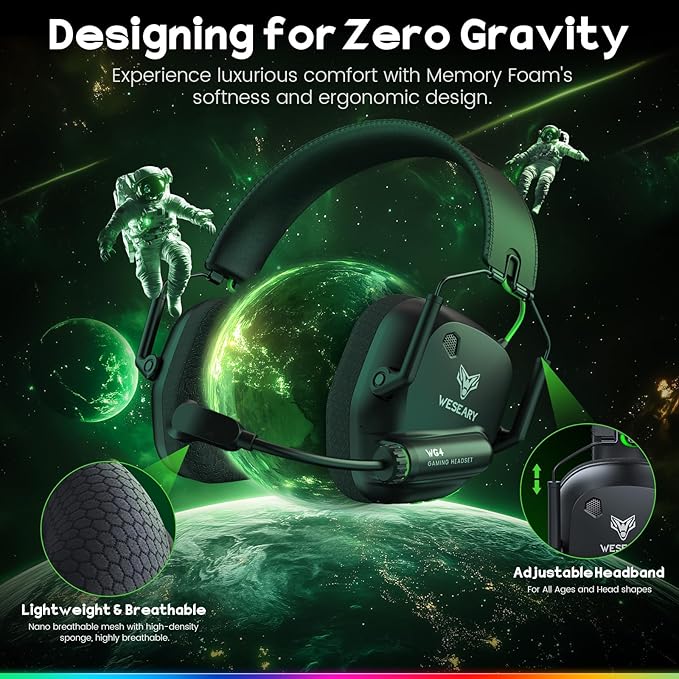 WESEARY Wireless Gaming Headset for PC, PS5, PS4, Switch & Mac, Dual-Mode 2.4GHz & Bluetooth Gaming Headphones with Microphone, Ultra-Low Latency, 3D Stereo Sound, Up to 45H Battery