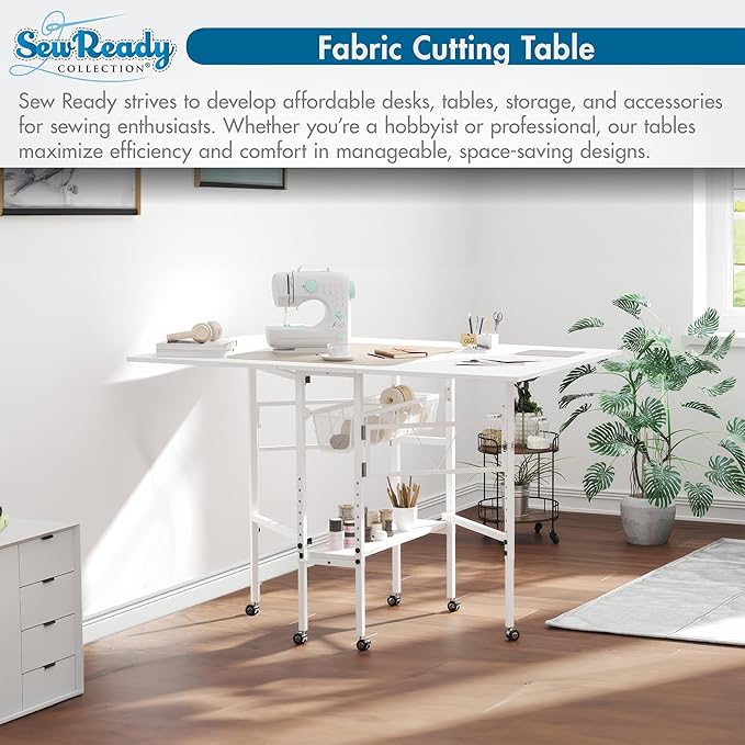 Sew Ready Folding Sewing Craft Table with Storage, Adjustable Height Cutting Desk with Drawers and Wheels for Quilting, Fabric, and Hobby Room, White