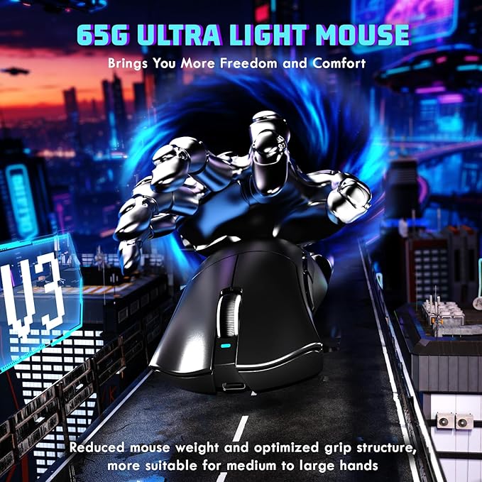MAMBASNAKE ATTACKSHARK V3 Wireless Gaming Mouse,Adjustable 25K DPI PAW3311 Optical Sensor,Ergonomic 62g Lightweight 5 Programmable Buttons 500mAH Battery,2.4G/BT/USB-C Wired for PC/Mac-Black