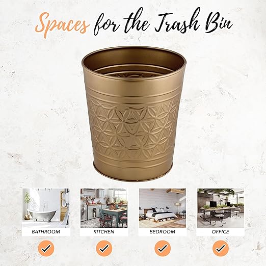 Autumn Alley Antique Gold Trash Can, Hand Crafted Bin, Round Bathroom Trash Can, Open-Top Gold Garbage Can for Bedroom, Home, Office - Modern Waste Basket, Stylish Metal Modern, Bathroom Décor