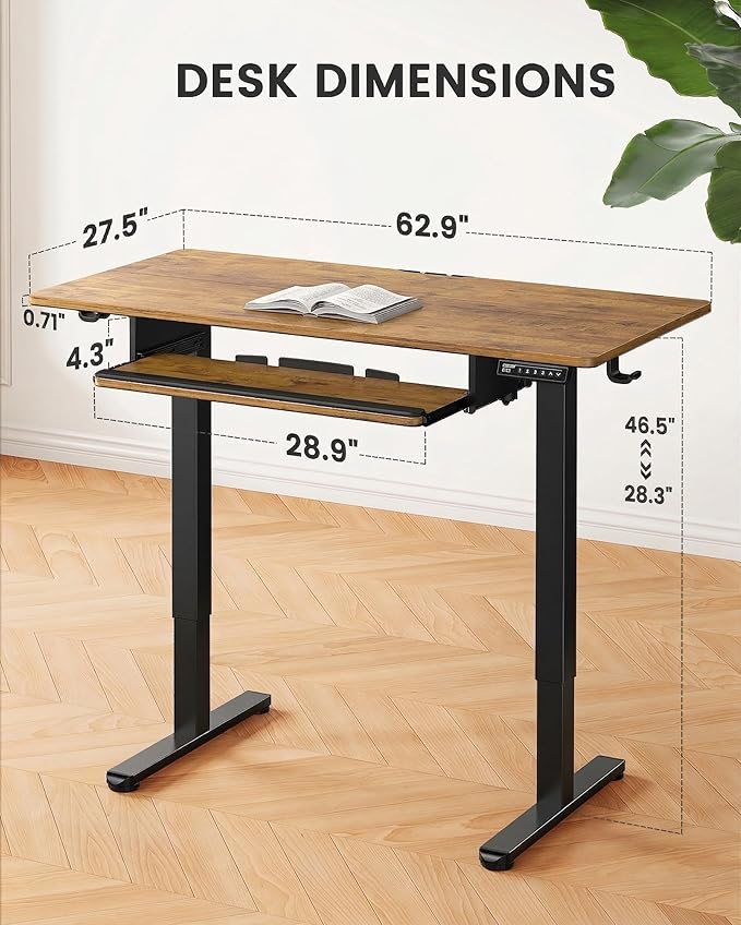 ErGear Large Electric Standing Desk with Keyboard Tray, 63x28 Inches Large Adjustable Height Sit Stand Up Desk, Home Office Desk Computer Workstation, Vintage Brown