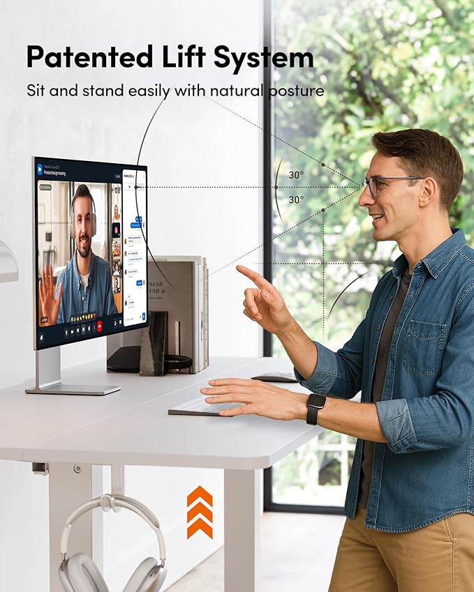 FEZIBO Standing Desk, 63×28 Inches Electric Height Adjustable, Sit Stand Up, Computer Office Desk with Splice Board, While Frame/While TOP