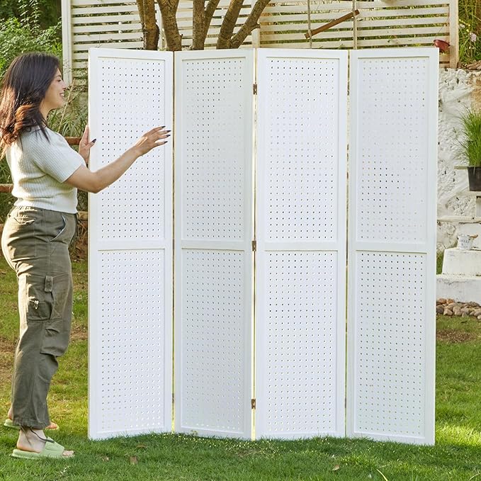 Pegboard Display, 5.6Ft Wooden Room Divider Folding Privacy Screens Portable Freestanding Wall Organizer for Retail Craft Art Display Board (4panels, White)
