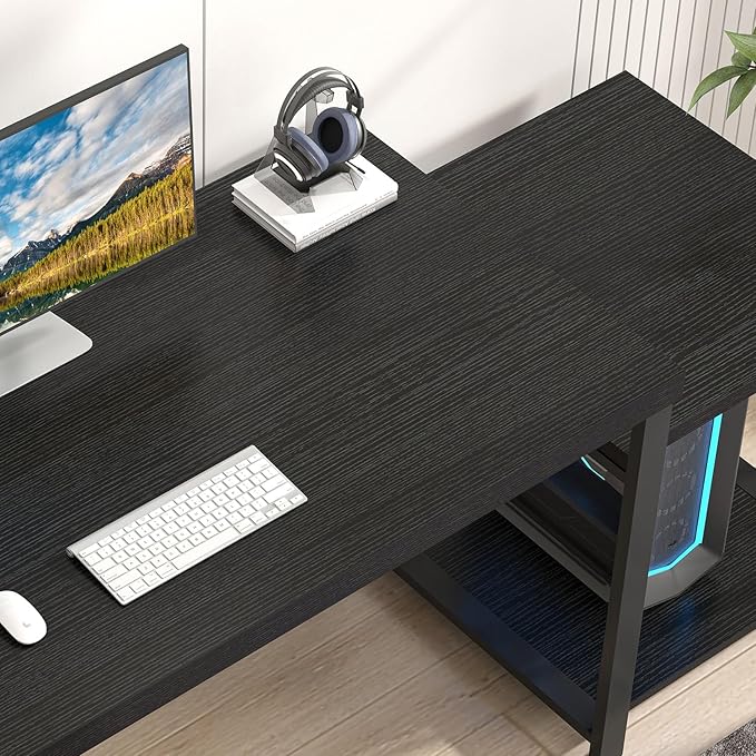 FOLUBAN Large Home Office Desk, Black Computer Desk with Storage Shelves, Modern Wood Writing Study Gaming Table for Bedroom Living Room, 63 Inch