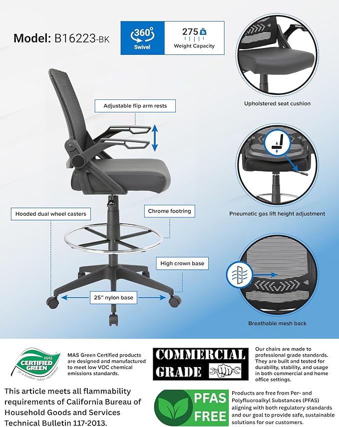 Boss Office Products Drafting Stool with, Black