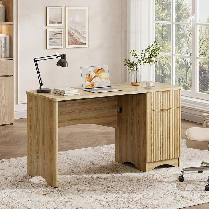 Bestier 47 inch Fluted Computer Desk with Drawer, Office Desk with File Cabinet, Modern Wood Desk with Storage Cabinet for Home Office Bedroom Study, Natual Oak