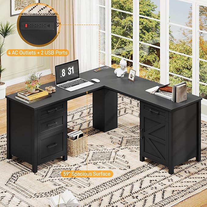 Vabches 59” L Shaped Executive Desk with Power Outlets, Farmhouse Home Office Desk with File Drawer,Storage Cabinet, Wood Corner Sturdy Writing Workstation.Black