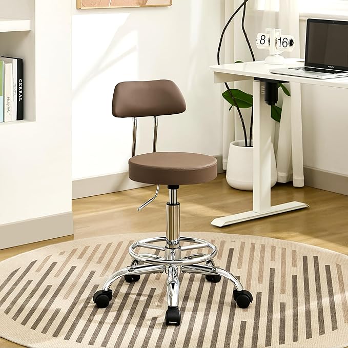 FIRAVOE Office Drafting Chair (Rolling Office Stool) (Adjustable Height Footrest Massage Chair 19.5"-26.6") Lab Stool with Back (Coffee Brown)