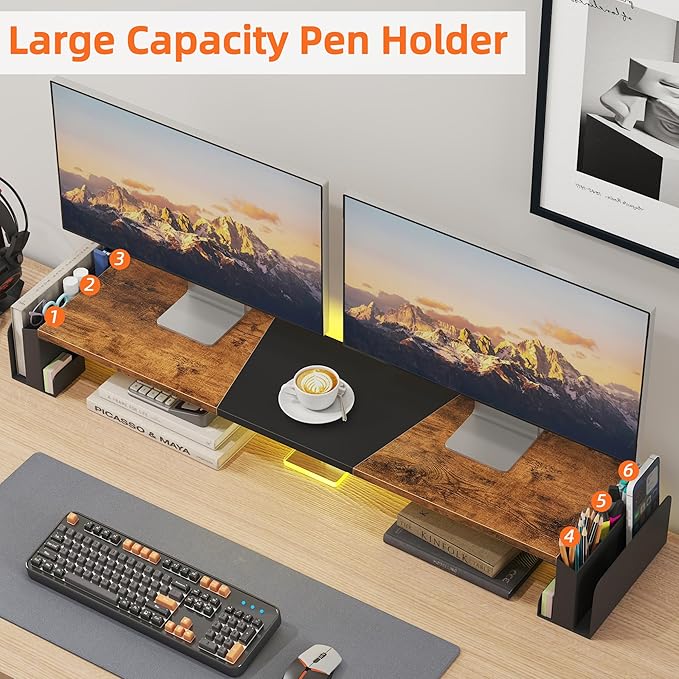 WESTREE Dual Monitor Stand Riser with Drawer, 3 Shelf Computer Monitor Riser with Adjustable Length and Angle, Desktop Monitor Stand Riser Storage Organizer for 2 Monitors (Brown)