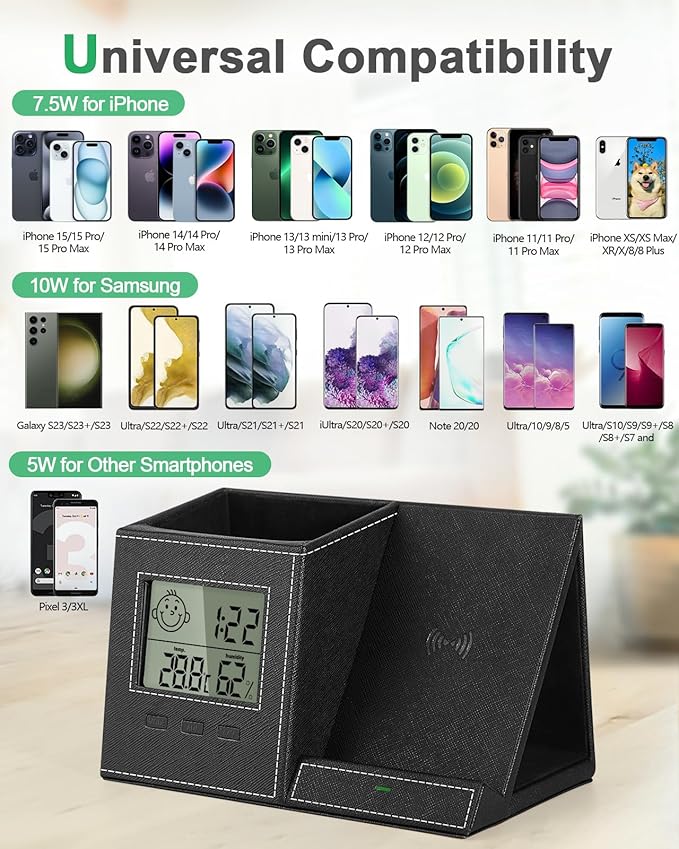 Pen Holder with Wireless Charger, Built in Digital Indoor Thermometer and Humidity Monitor, Multi-Functional Desktop Organizer for Home, School, Office Supply, Midnight Black