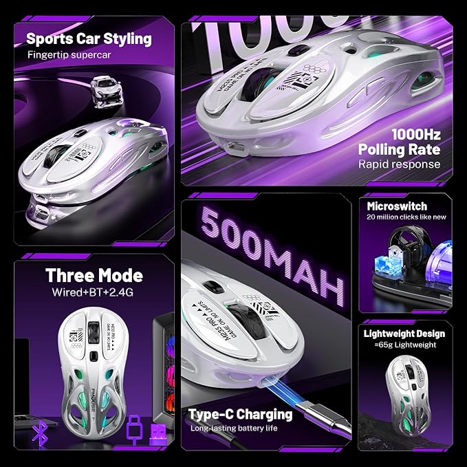 M235 Wireless Gaming Mouse, 65g Ultra-Lightweight, Hollowed-Out Sports Car Design, 4800 DPI, Tri-Mode (2.4G/BT/Wired), 8 Programmable Buttons, RGB Lighting, 1000Hz Polling Rate (Silver Frost)