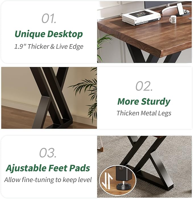 Solid Wood Desk 71 Inches, Live Edge Wooden Home Office Computer Desk Metal Frame Modern Simple Design Executive Real Wood Desk for Writing Study Dining Gaming