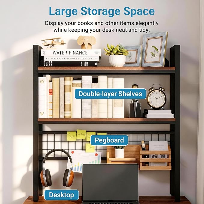 2 Tier Desktop Hutch Bookshelf, 39" Metal Dorm Desk Hutch with Grid Panel, Display Desk Shelf Bookcase Storage Organizer Rack for Dorm Home Office
