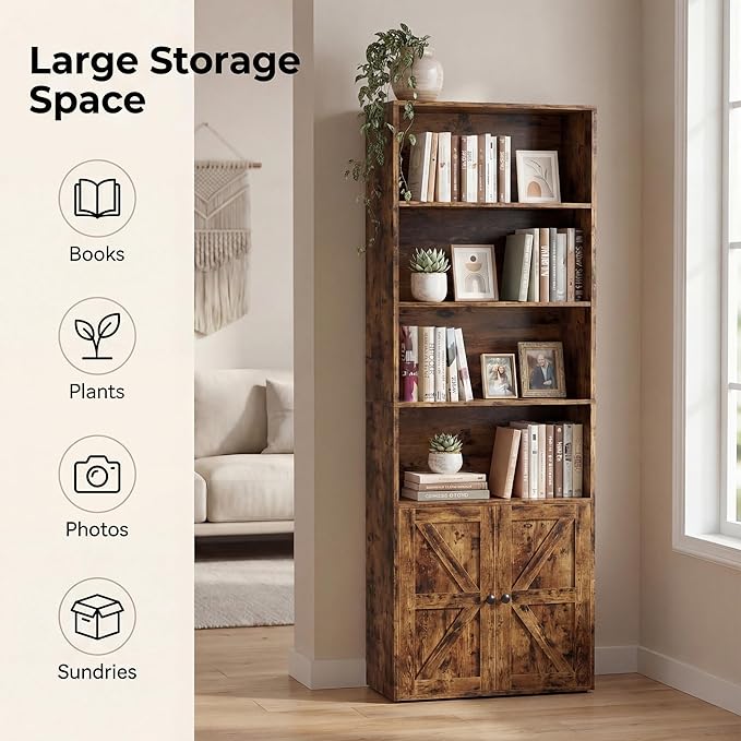 YESHOMY Farmhouse Bookshelf and Bookcase with Doors, Industrial Bookshelves and Bookcases Floor Standing Display 6-Tier Shelf Storage 71.5 inchs for Home Office, Living Room, Rustic Brown, 1 PCS