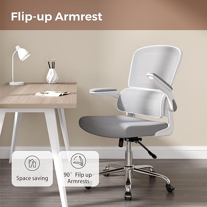 Logicfox Ergonomic Office Chair, Comfortable Office Chair with Flip-up Arms, Adaptive Lumbar Support, Mesh Computer Chair with Thick Cushion, White Desk Chair with 90°-130° Tilt Function