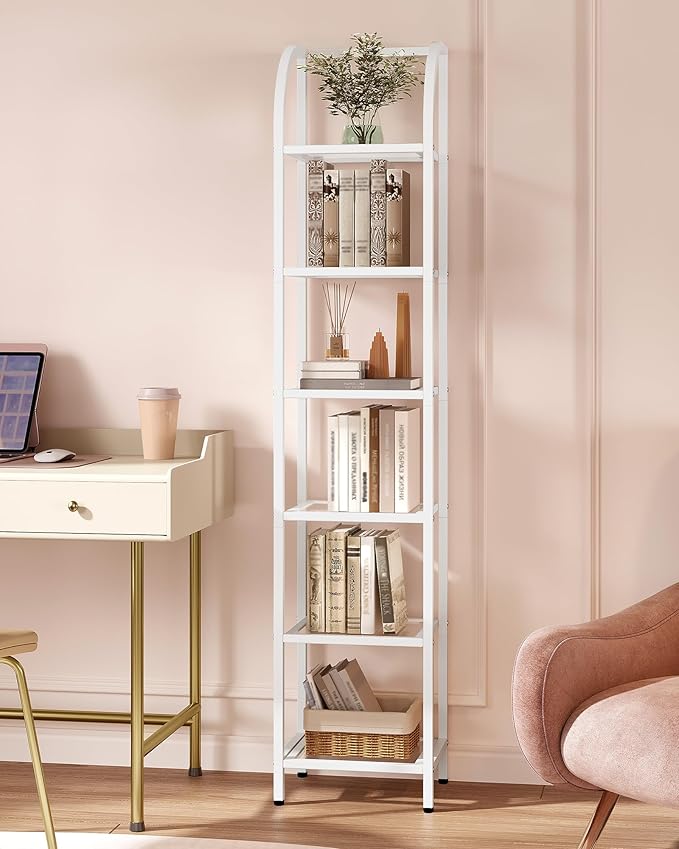 Hzuaneri Bookcase Bookshelf, Tempered Glass Arched Bookshelf for More Storage, Slim Shelving Unit for Bedroom, Bathroom, Home Office, Steel Frame, 6 Tier White BC20699W
