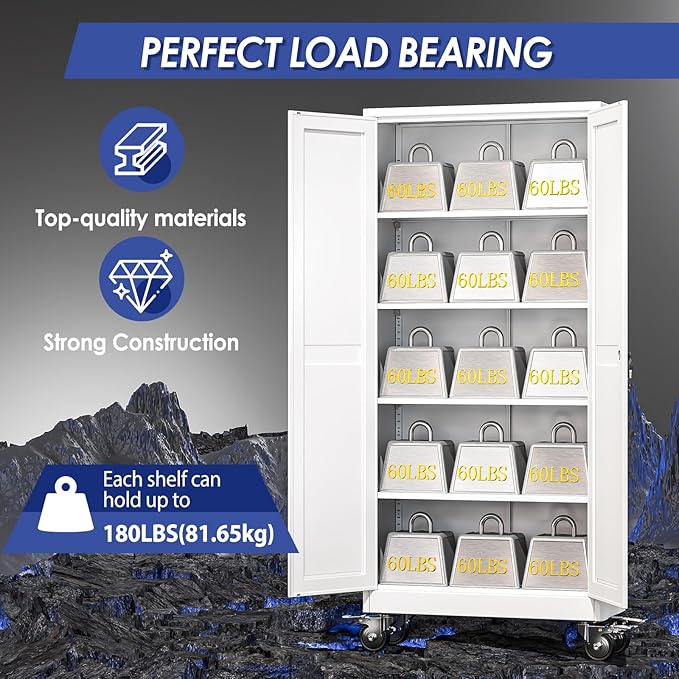 71" Tall Metal Garage Storage Cabinet with Wheels and Locking Doors and Tall Rolling Steel Tool Cabinet with 4 Adjustable Shelves for Garage,Home,Office,Shop (White)