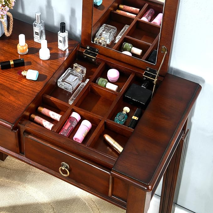 Flip Top Wood Makeup Vanity Desk Set with Mirror, Small Vintage Dressing Vanity Table Set with 2 Drawers & Matching Padded Bench Stool Writing Desk with Button Tufted Cushioned Stool, Cherry&Beige