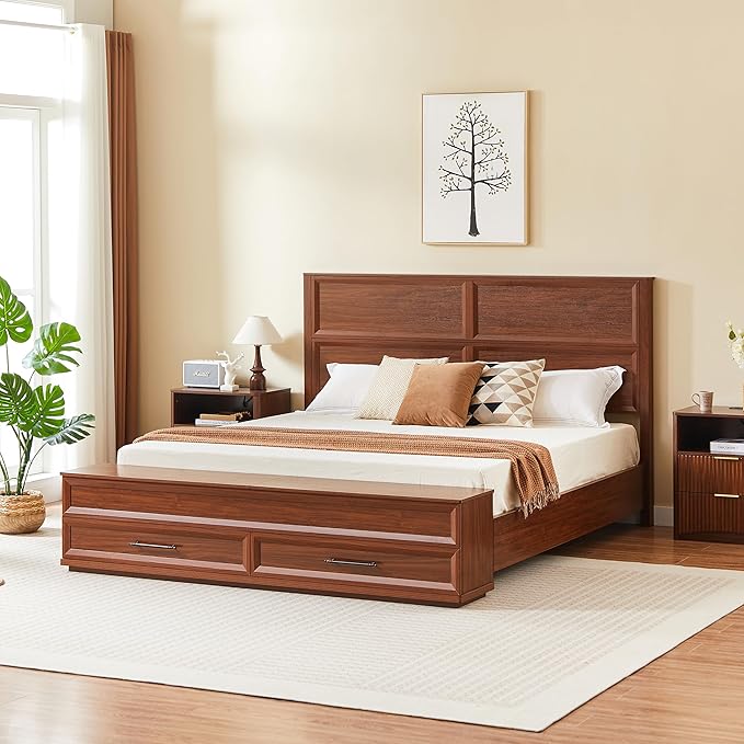King Size Bed with 3D Geometric Headboard & Storage Bench - 4-Drawer Storage, Modern Bedroom Furniture, Walnut. The 3D geometric grid pattern on the headboard exudes modern charm, blending refinemen