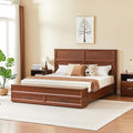 King Size Bed with 3D Geometric Headboard & Storage Bench - 4-Drawer Storage, Modern Bedroom Furniture, Walnut. The 3D geometric grid pattern on the headboard exudes modern charm, blending refinemen