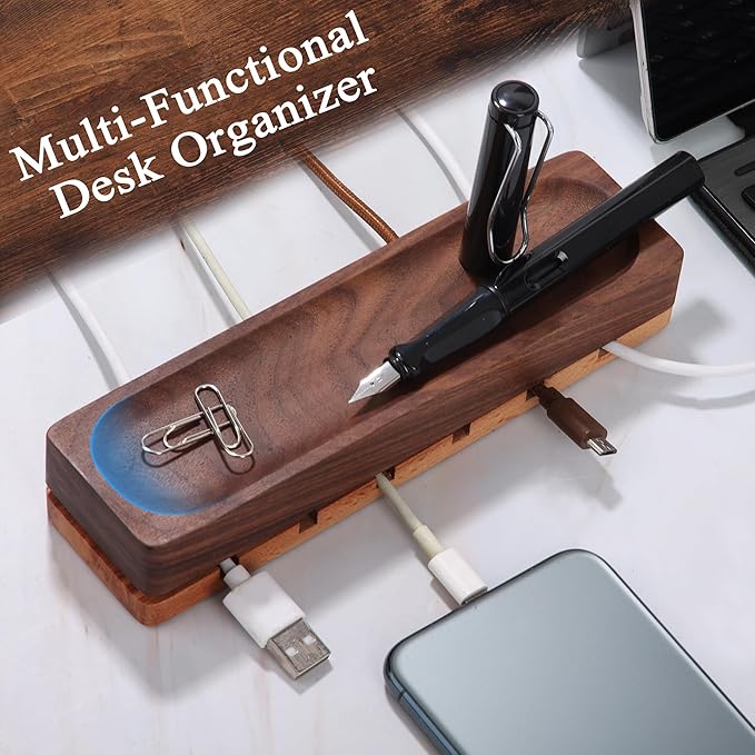 Magnetic Cord Holder with 6 Slots - Walnut & Beech Wood Cable Organizer for Lightning, USB, USB-C, Stick-on Design for Desk, Under Desk, Nightstand