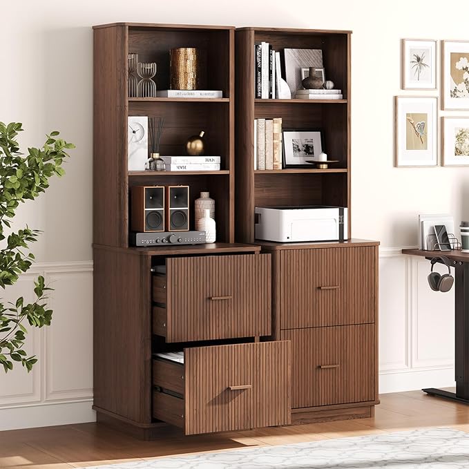 ONBRILL 71" Tall Fluted Bookcase with 2 File Drawers, Curved Design Display Bookshelf with Storage, Mid-Century Modern 3 Tier Bookcase with Sturdy Pedestal for Home Office, Living Room, Walnut
