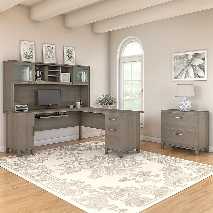 Bush Furniture Somerset 72W L Shaped Desk with Hutch and Lateral File Cabinet in Ash Gray