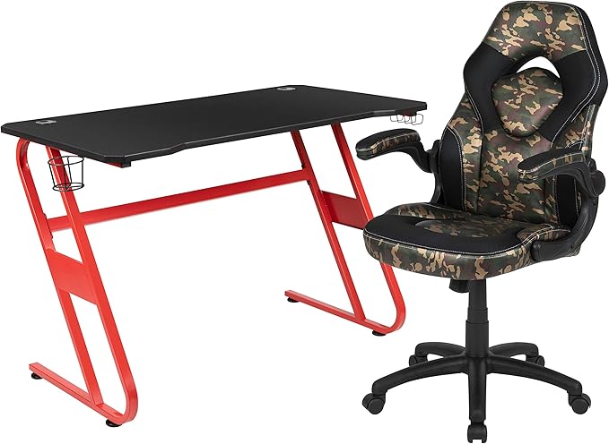 Flash Furniture Red Gaming Desk and Camouflage/Black Racing Chair Set with Cup Holder and Headphone Hook