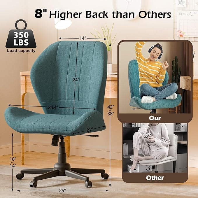 ZZW Criss Cross Chair with Wheels, Wide Cross Legged Office Chair Armless Comfy Desk Chair with Tall Back Vanity Chairs with Stress Relief Curved Design Seat for Bedroom & Office & Home Blue