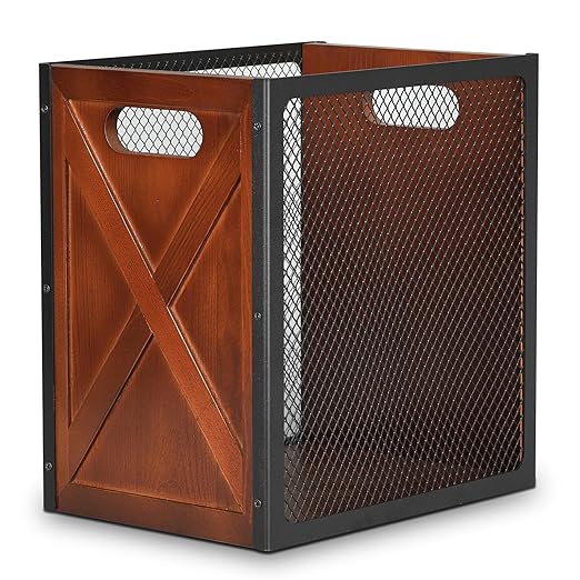 Rustic Office Trash Can - Rectangular Waste Basket with Iron Mesh, 4.5 Gallon Wooden Garbage Can, Bathroom Garbage Bin with Handles, Decorative Trash Can for Home Office Bedroom