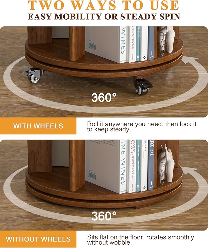 IUNVR Rotating Bookshelf, 6 Tier Solid Wood Bookshelf Tower with Lockable Wheels, 360° Spinning Revolving Bookcase for Small Spaces, Corners, Bedroom, Kids Room, Home Office, Walnut