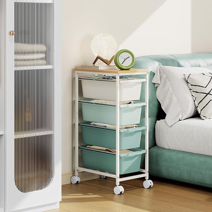 Rolling Storage Cart with 4 Drawers, Craft Organizer, Wooden Tabletop Utility Cart for Bedroom, Children's Room and Office Organization, Table Side Trolley with Lockable Wheels, Green