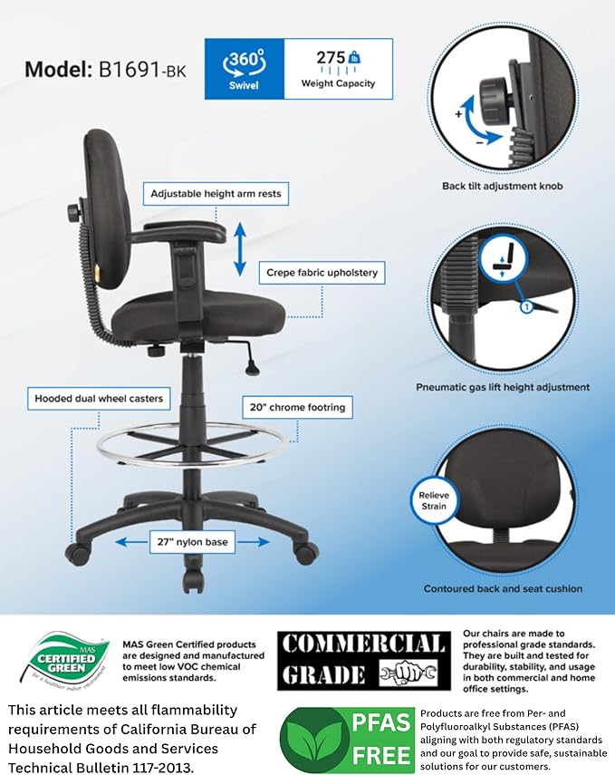 Boss Office Products B1691-BK Stand Up Fabric Drafting Stool with Adjustable Arms in Black