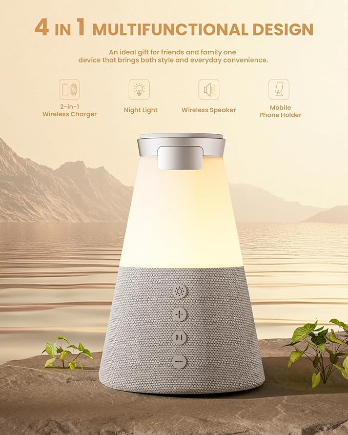 Bluetooth Speaker with Light, 4 in 1 15W Portable Speaker Magnetic Wireless Charger, Portable Bluetooth Speakers with Phone Stand, Men Gifts Dimmable Night Light Speakers, Birthday Gifts for Women