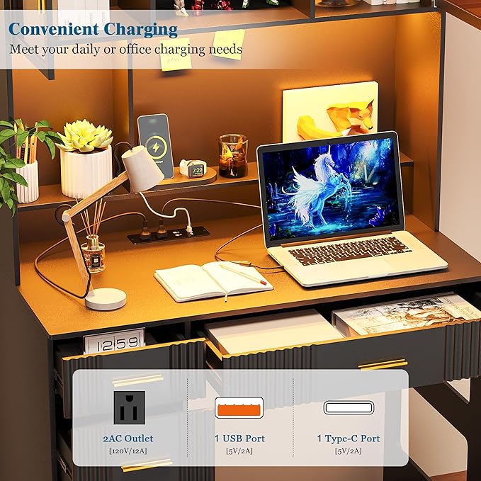 WOOVIVS LED Study Desk with Hutch and Drawer, Home Office Desk with Outlet, Computer Desk with Charging Station, Writing Desk for Bedroom, Workstation for Small Space (Black)