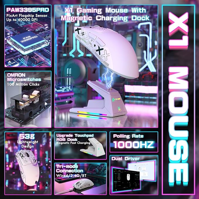 ATTACK SHARK X1 Ultralight Wireless Gaming Mouse with Magnetic RGB Charging Dock,Anti Slip Grip Tape,PixArt PAW3395 Pro Sensor,40000DPI,BT/2.4Ghz/Wired,Optical Computer Mouse for PC Mac Gamer(White)