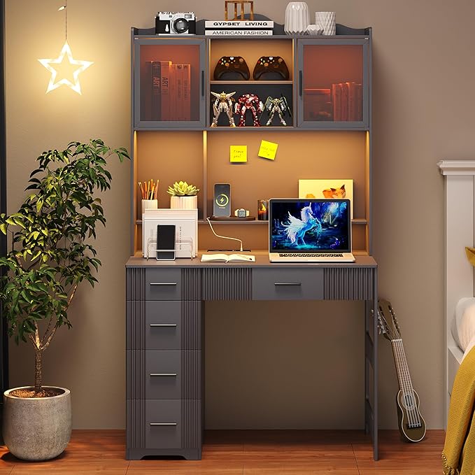 WOOVIVS LED Desk with Outlet Charging Station, Home Office Desk with LED Auto Lights, Computer Desk with Hutch and Drawer for Small Space, Workstation Writing Desk for Bedroom,Adjustable (Grey)