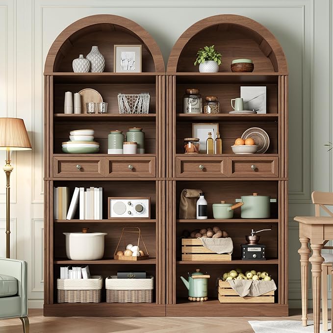RALGEND Arched Bookshelf Set of 2, 73" Tall Arch Bookcase with Drawers, 6-Tier Farmhouse Book Shelf, Wooden Bookshelf with Open Display Shelves for Living Room, Office, Walnut