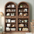 RALGEND Arched Bookshelf Set of 2, 73" Tall Arch Bookcase with Drawers, 6-Tier Farmhouse Book Shelf, Wooden Bookshelf with Open Display Shelves for Living Room, Office, Walnut